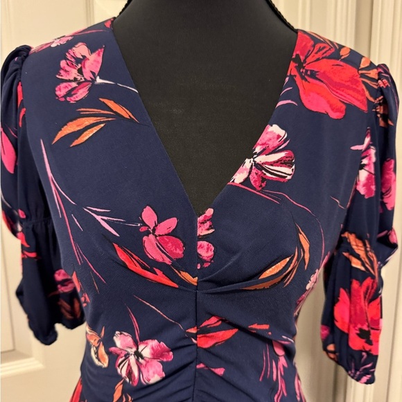 Vince Camuto Blue Ruched Wrap Dress with Puff Sleeves - Picture 2 of 10